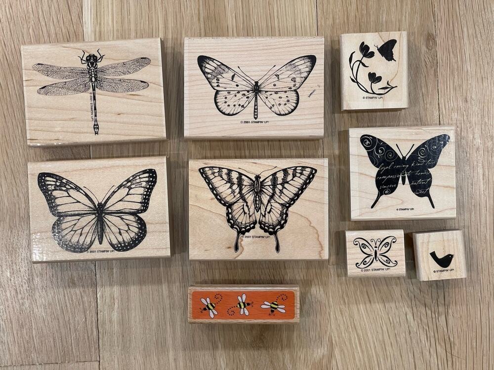 Butterfly Bee Bird Rubber Stamp Set Lot of 9 Wood Wooden